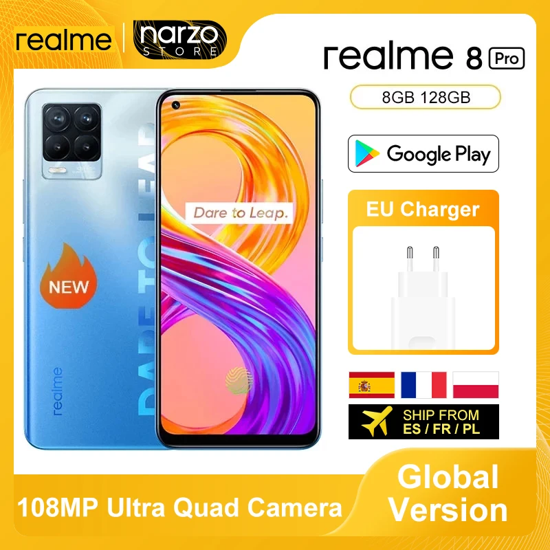 In Stock Global Version Realme 8 Pro Smartphone 8GB 128GB 6.4 Inch Screen 108MP Ultra Quad Camera Snapdragon 720G 4500mAh 50W