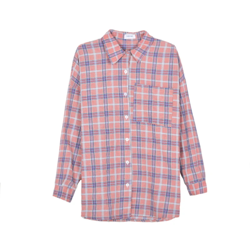 Женская клетчатая блузка с карманами универсальная Свободная рубашка в