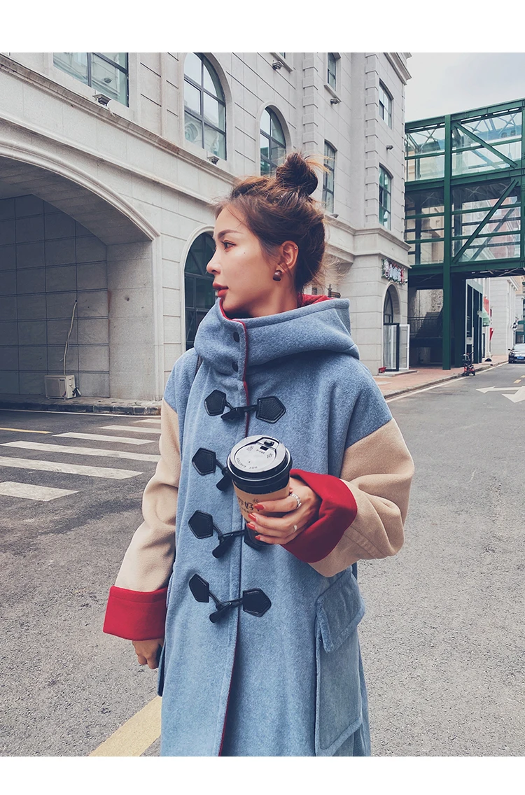 

Winter Clothes Women Color Block Horn Button Long Hooded Woolen Coat Female Fashion Loose Korean Elegant Plus Size Overcoat 2020