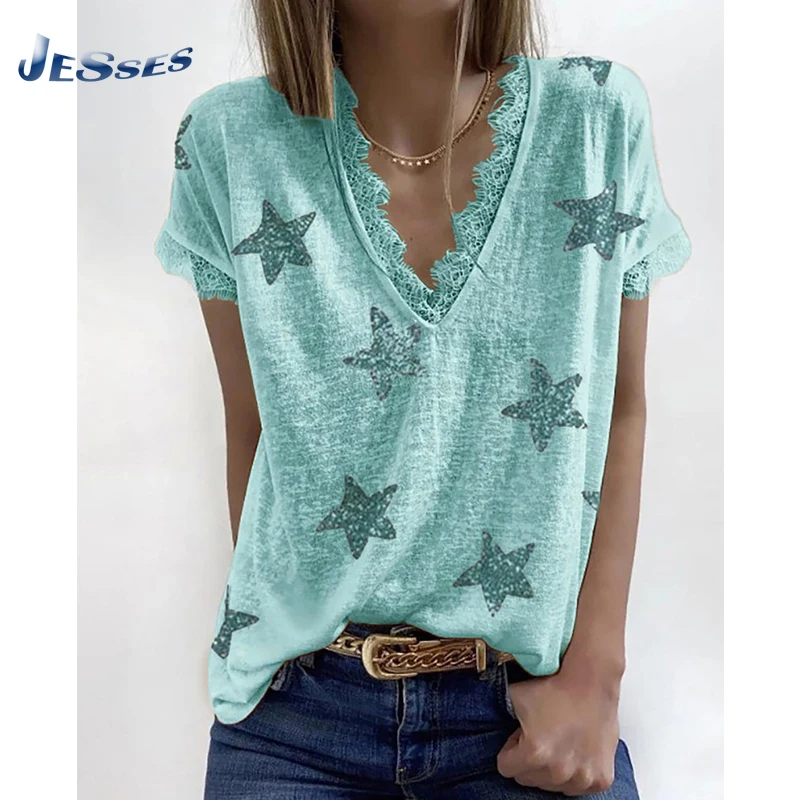 

2021 Модный хлопковый пуловер, летняя футболка с коротким рукавом и V-образным вырезом, свободные кружевные женские футболки оверсайз с принт...