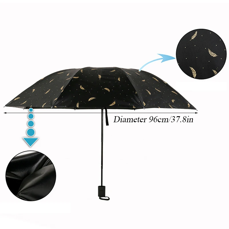 

1PC Windproof 8 Bone Black And White Feather Rain Or Shine Vinyl Umbrella UV Sun Parasol Rain Or Shine Dual Use Black Umbrella