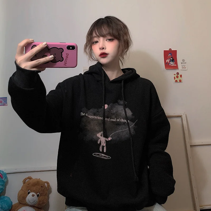 

FAKUNTN, черная дизайнерская нишевая бархатная толстовка с капюшоном, Женская весенне-осенняя Популярная свободная толстовка в стиле Ins с медв...