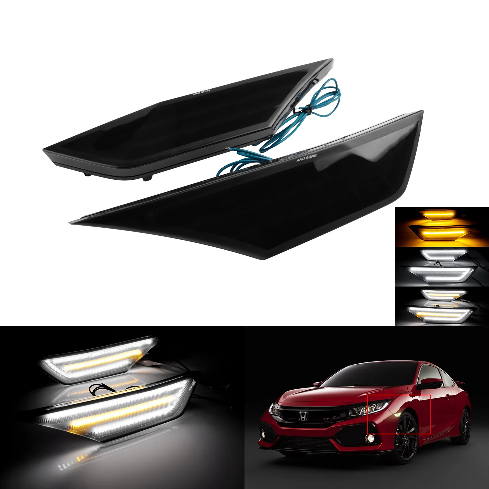 

ANGRONG 2x LED Side Marker Turn Signal Light Lamp Black Smoked For Honda Civic 2016-2020