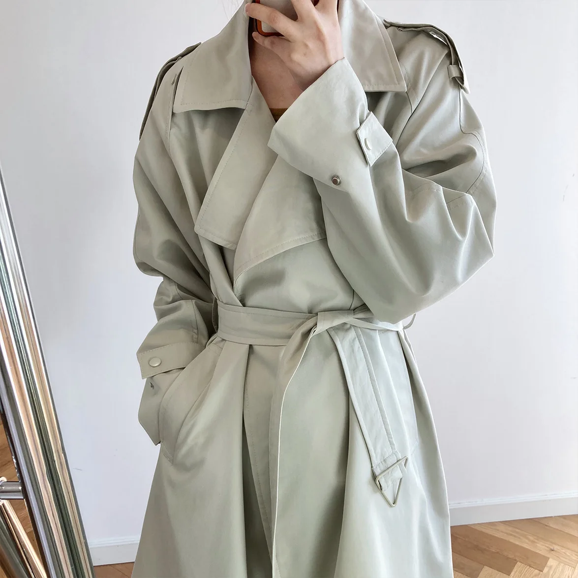 

Spring Trench Coat Women 2021 Fashion Classic Simple Casual Pure Color Elegant Loose Korean Style Mid-Length Female Outwear