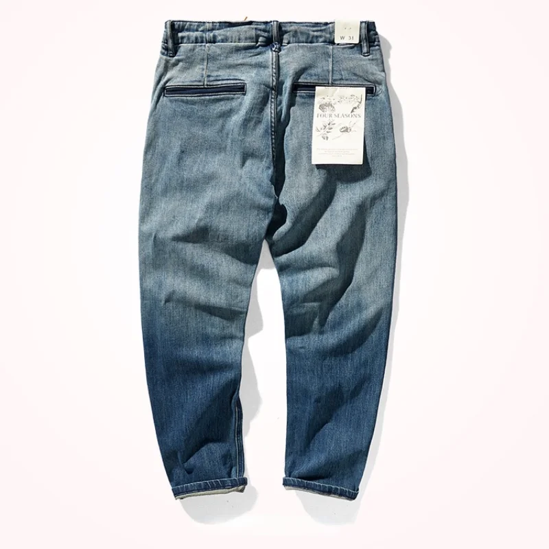 Vintage Jeans Men 's Straight Autumn and Winter Thickened Pants Men 's Distressed Stretch Denim Trousers