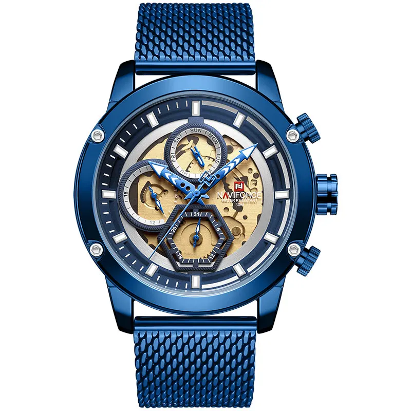 Blue NAVIFORCE мужские s часы лучший бренд класса люкс кварцевые часы мужские кожаные водонепроницаемые наручные часы Мужские часы с календарем Relogio Masculino - Цвет: Blue