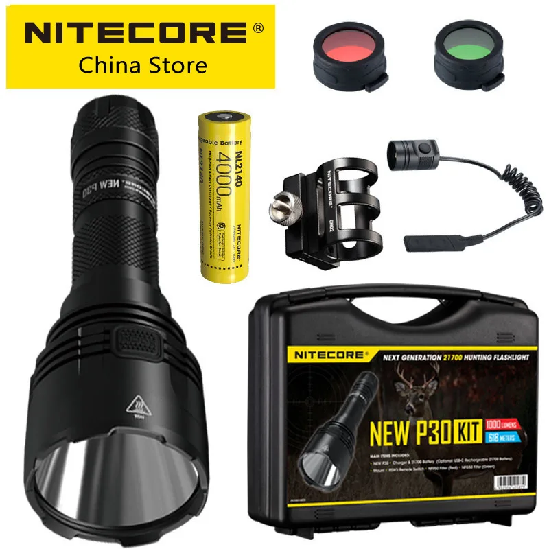 Дешево Охотничий набор Nitecore P30, тактический фонарь, светодиодный фонарь, аккумулятор 4000 мАч 21700, UI2 USB зарядное устройство, оригинал