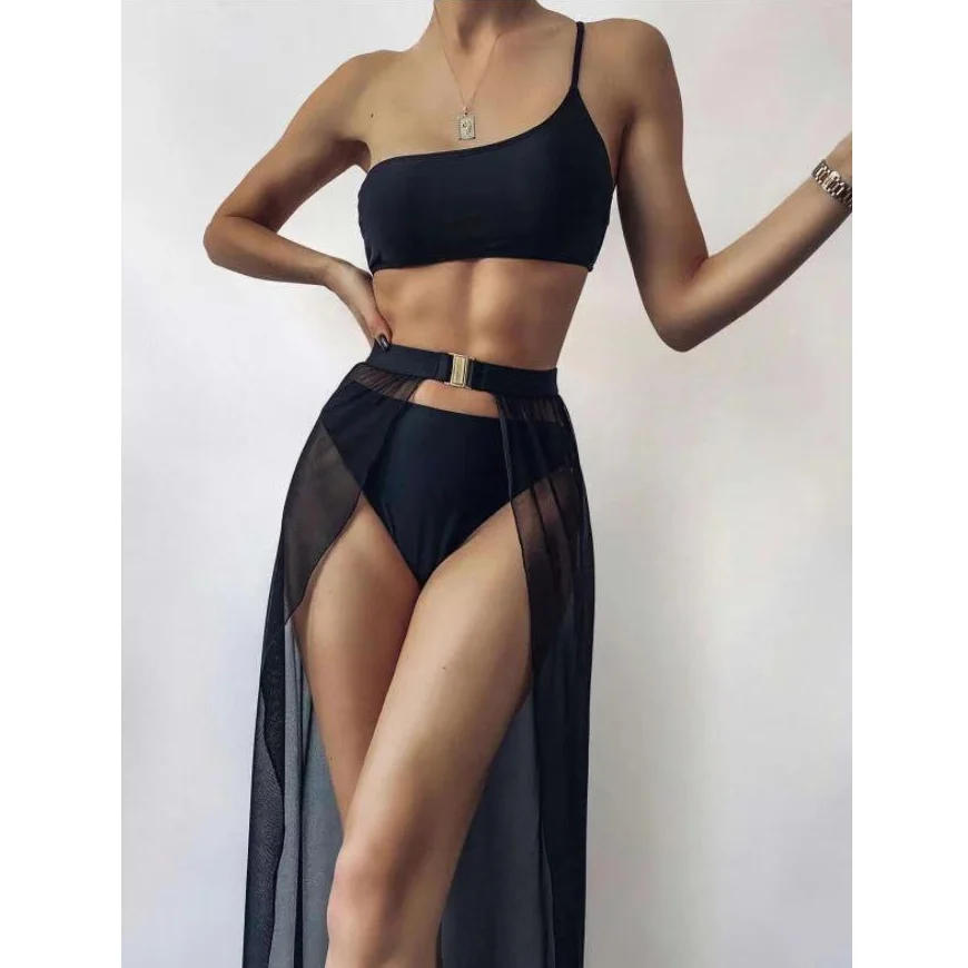 

3pieces Women Beachwear Black One Shoulder Swimwear with Cover Ups Sexy Push Up Bikini Solid 2021 Maillot De Bain Femme Swimsuit