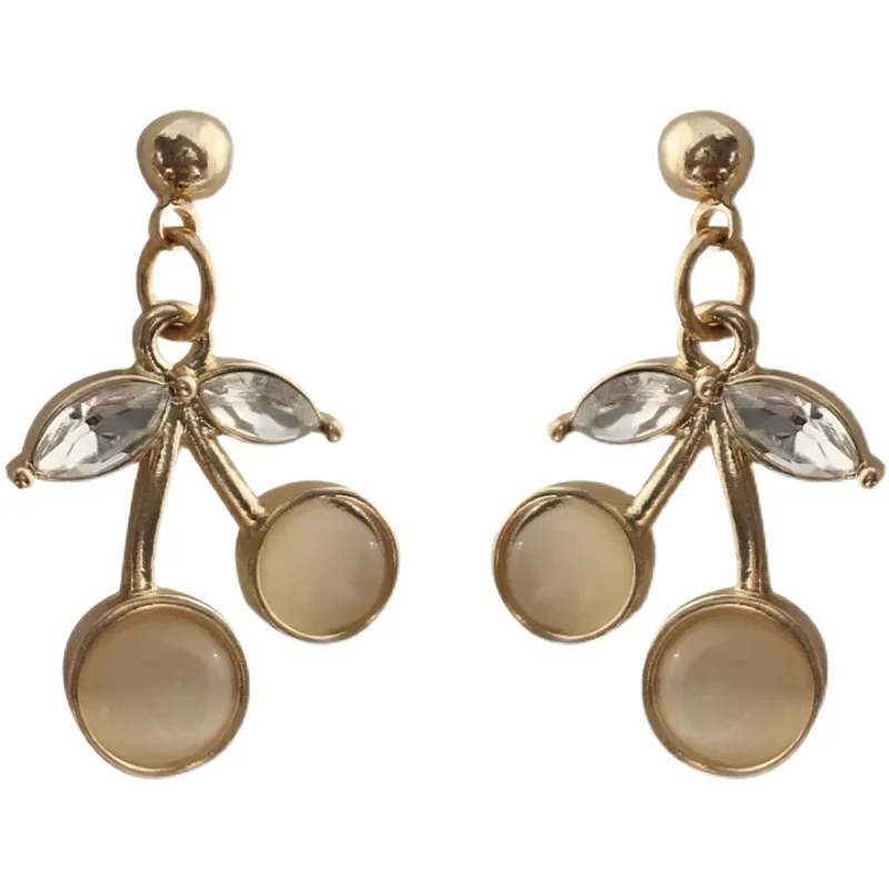 

S925 needle Lovely Cherry Drop Earrings Popular Design Metal Alloy High Quality Clear Glass Cream Resin Fruit Earrings For Girl