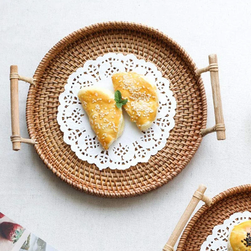 

Rattan Storage Tray, Round Basket with Handle, Hand-Woven, Rattan Tray Wicker Basket Bread Fruit Food Breakfast Display
