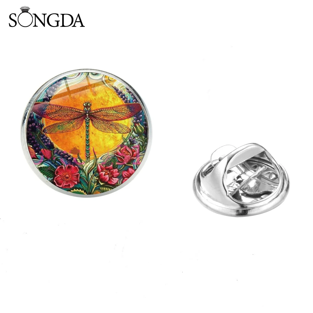 Винтажные броши в виде стрекозы милая насекомое печатная стеклянная круглая