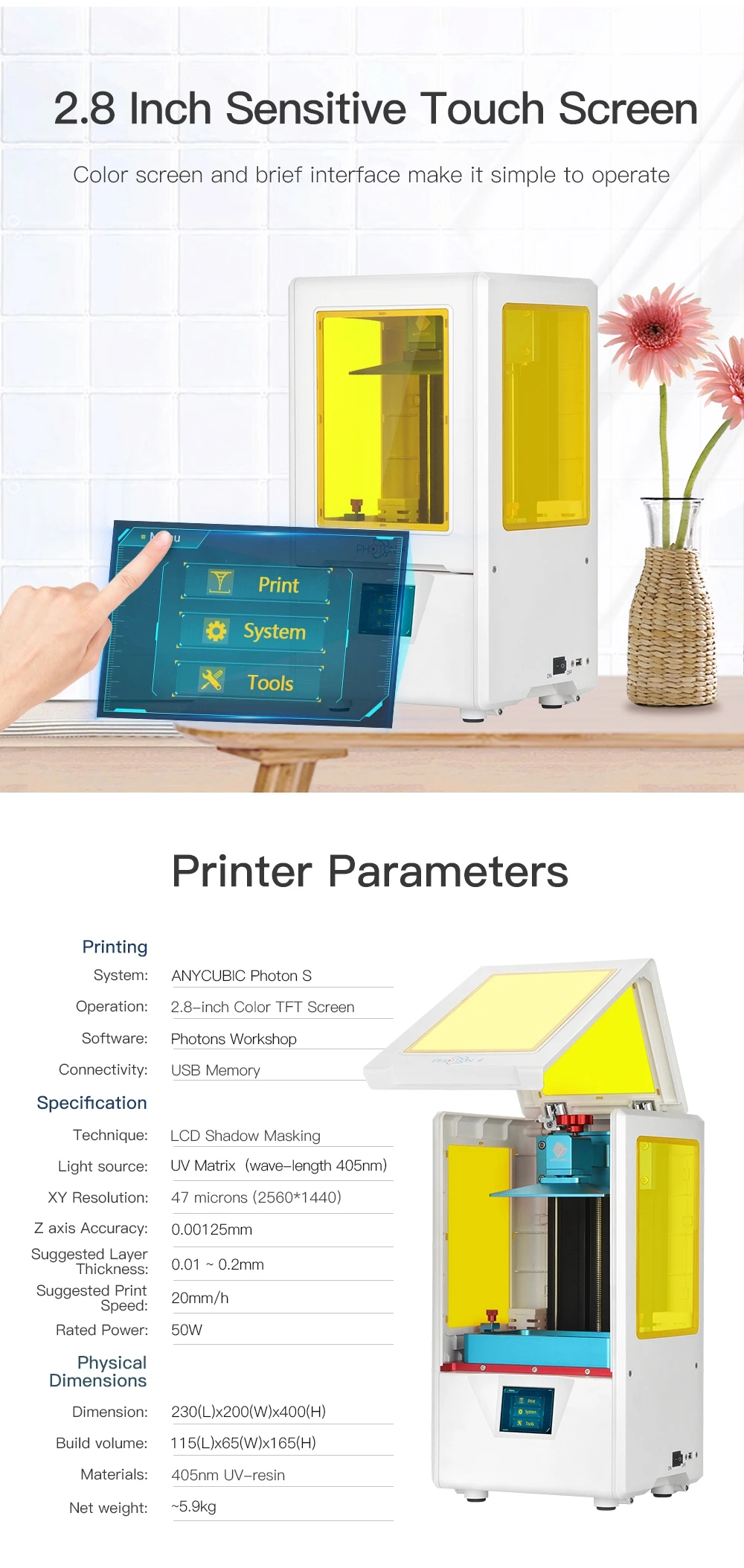 Anycubic Photon S 3d принтер SLA Быстрый срез 2 к экран 405nm УФ светильник Настольный impressora 3d принтер комплект УФ принтер impresora 3d