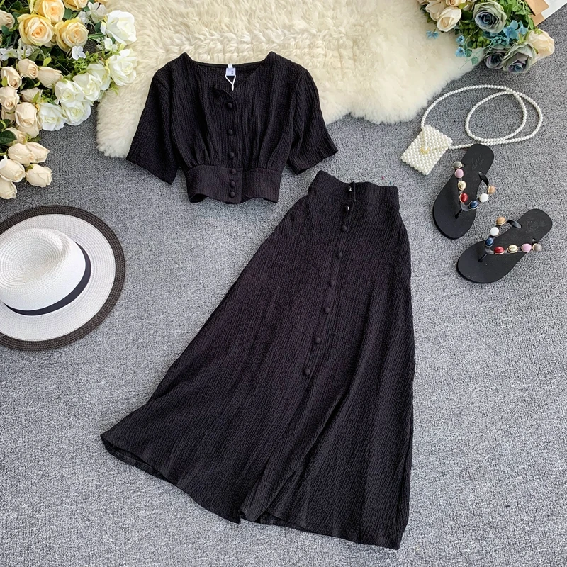 

Fashion Summer Women Summer 2 Piece Sets Short Sleeve Crop Top And Long Skirts 2020 New Ladies Solid Casual Suit Set Korean