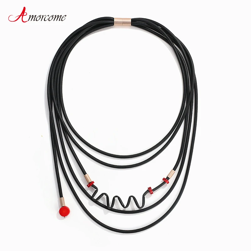 

Amorcome Unqiue Design Black Rubber Statement Necklace Bib Necklace Multi Strand Choker Collars Unusual Women Jewelry