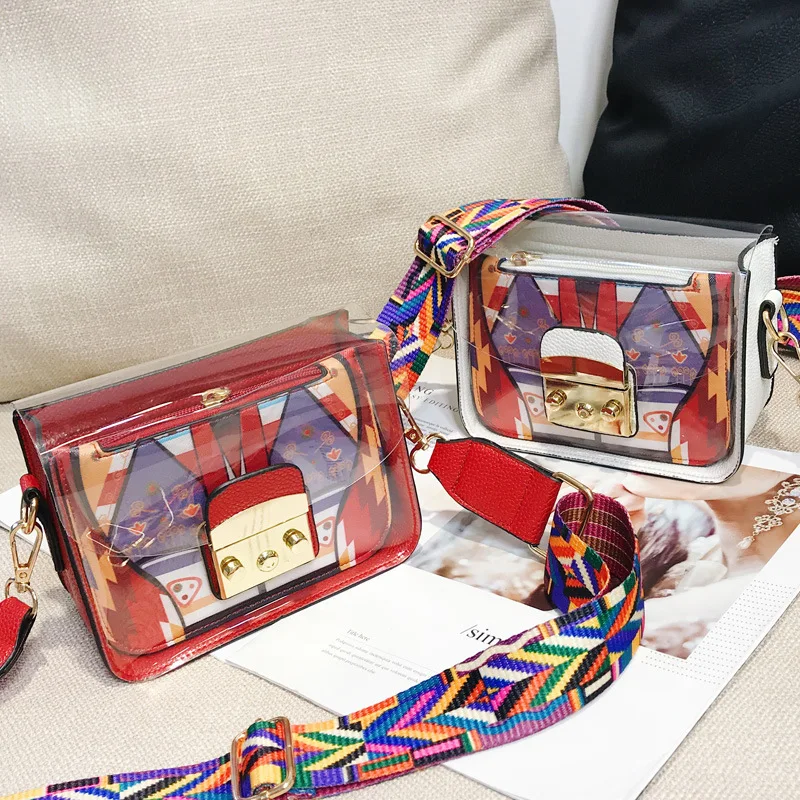 

Прозрачная сумка для женщин, новинка 2020, стильная сумка-желе на одно плечо с косой перекрестной лямкой, модная сумка на широком ремне для дев...