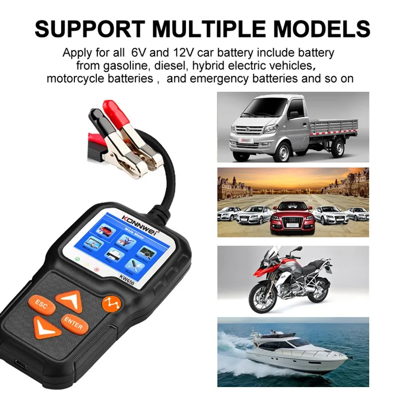 

KW650 Vehicle Battery Load Tester CCA 6V 12V Battery Measurement Units Mini USB Cable 100-2200 CCA Automotive Batt 12 Languages