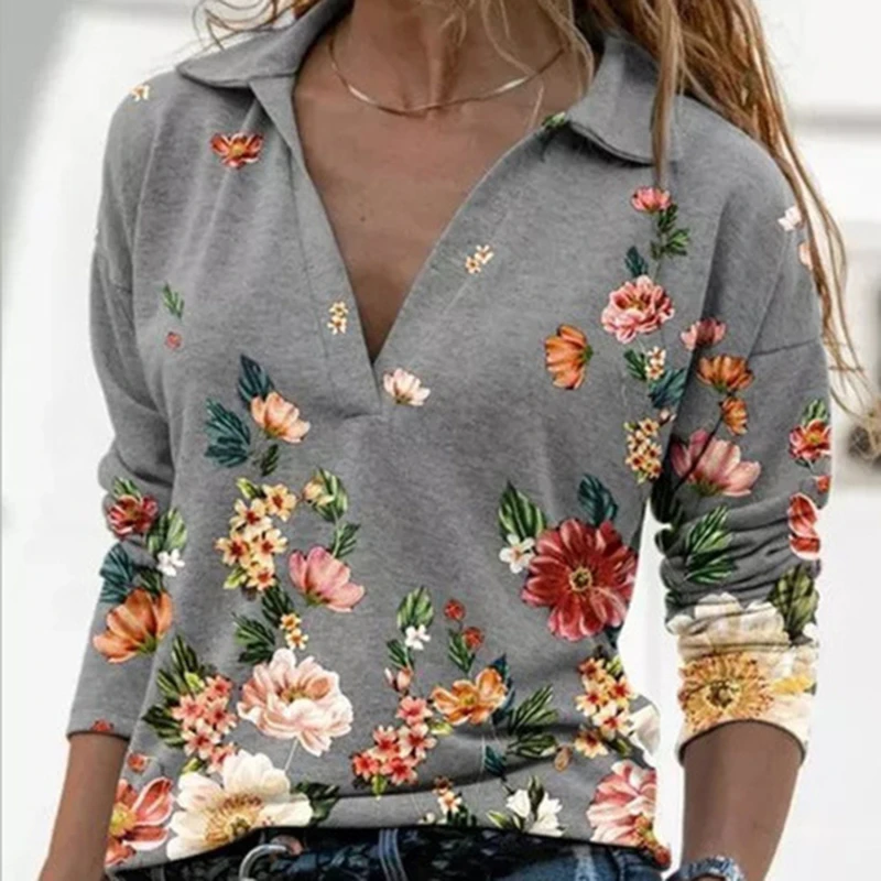 

Spring Sweatshirts Women Blouse Vintage Long Sleeve Shirt Woman Floral Print V Neck Pullover Ladies Casual Shirts Female Tops