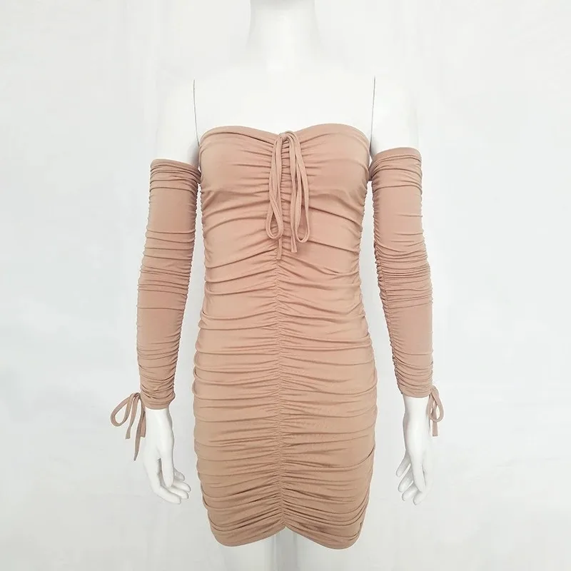 

New Spring/Autmn Ladies White Dress Low Cut Long Sleeve Dress Street Casual Dress Sexy Low Cut Strapless Drawstring A-Line Dress