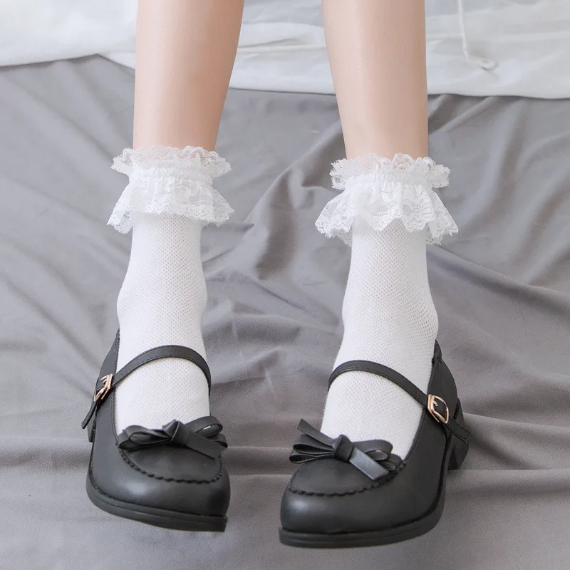 1Pair Breathable Sweat-absorbent Anti-friction Socks Women Medium Socks Lace Socks Korean Style Breathable Cotton Solid Colors