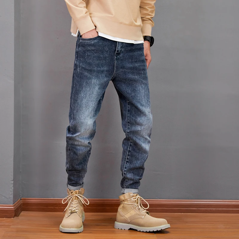 Korean Style Fashion Men Jeans Autumn Newly Designer Elastic Retro Blue Ripped Jeans Men Embroidery Designer Denim Harem Pants