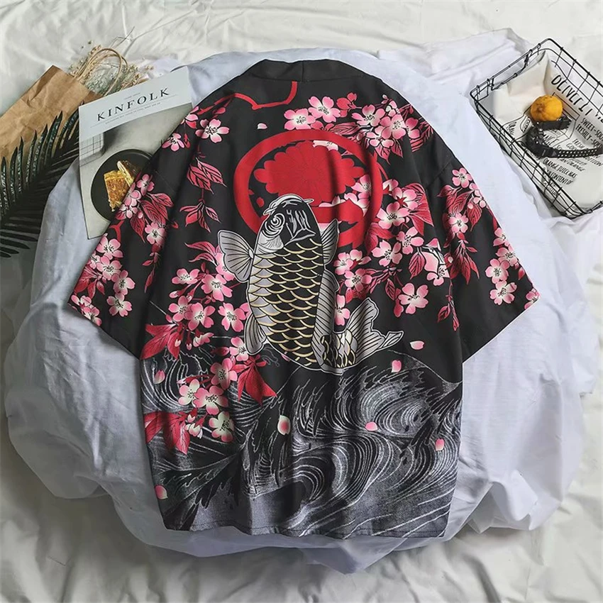 

2021 New Japanese Fashion Style Kimono For Adult Traditional Haori Clothing Print Chinese Dragon Thin Samurai Men'S Women Robes