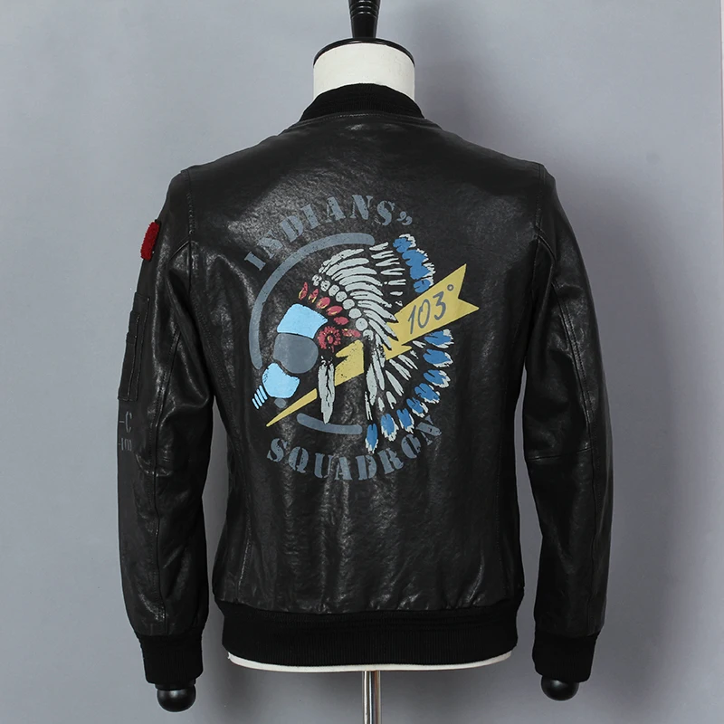 Мужская приталенная куртка-бомбер из натуральной овчины Черная бейсбольная