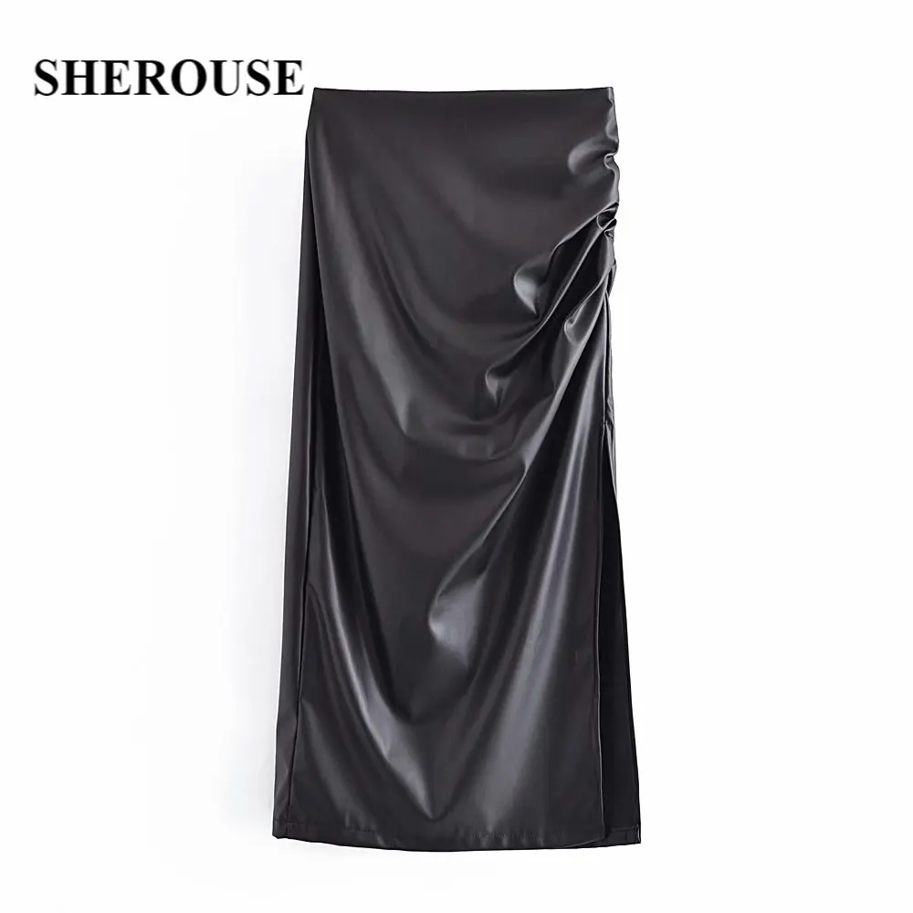 

Женская однотонная Юбка-миди из искусственной кожи SHEROUSE, винтажная повседневная юбка с высокой талией и молнией сзади