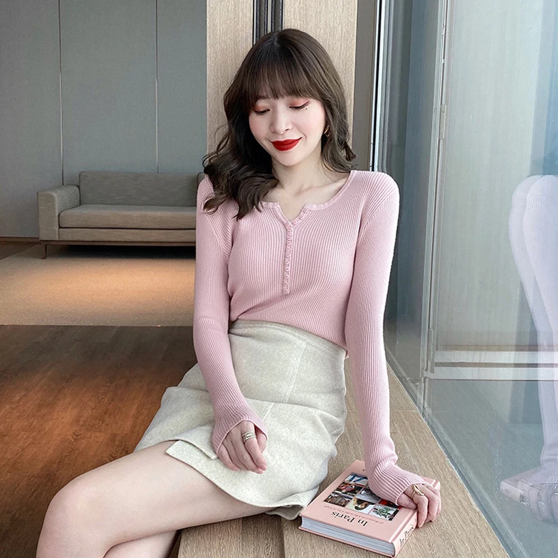 

Knitted Sweater Women Autumn Winter Korean Version Basic V-neck Long Sleeves Slim White Pullovers Female Jumper Bottoming Tops