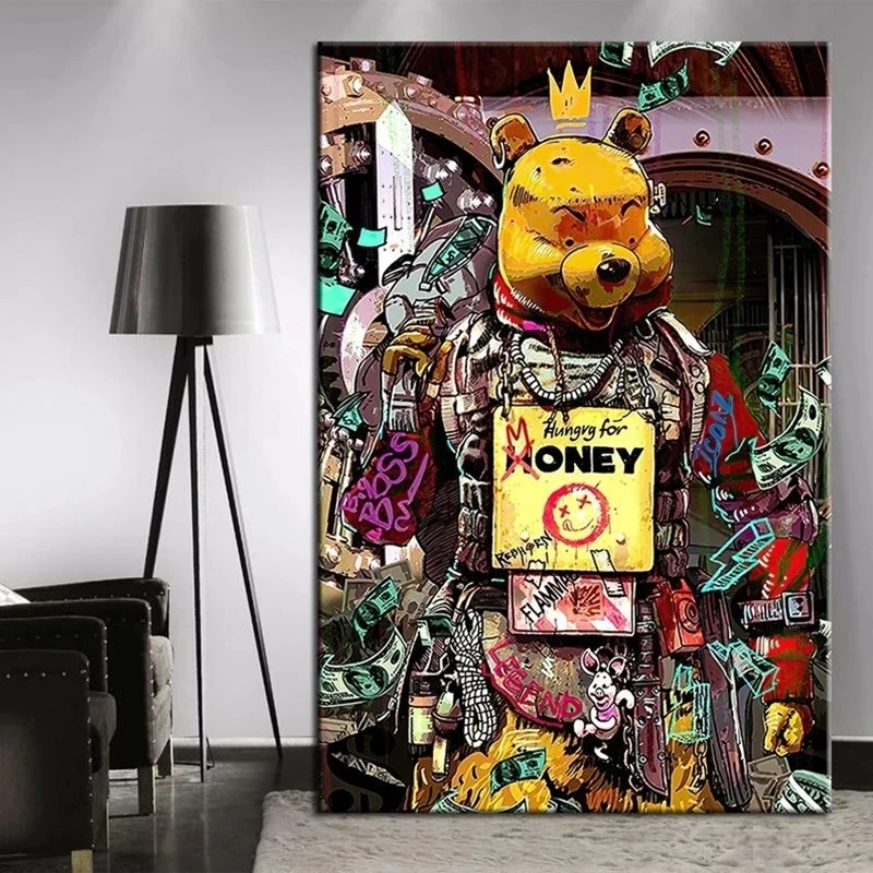 

Home Decor Luxury Bear Canvas Wall Art Painting Winnie the Pooh Pictures Printing Money Modular Artwork Poster For Living Room