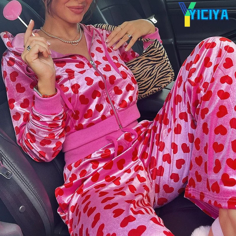 

YICIYA EVelvet Heart Print Cropped Top Bomber Jacket Women Long Sleeve Coats Zipper Winter Overcoat,tracksuit ,met,pants,2pcs