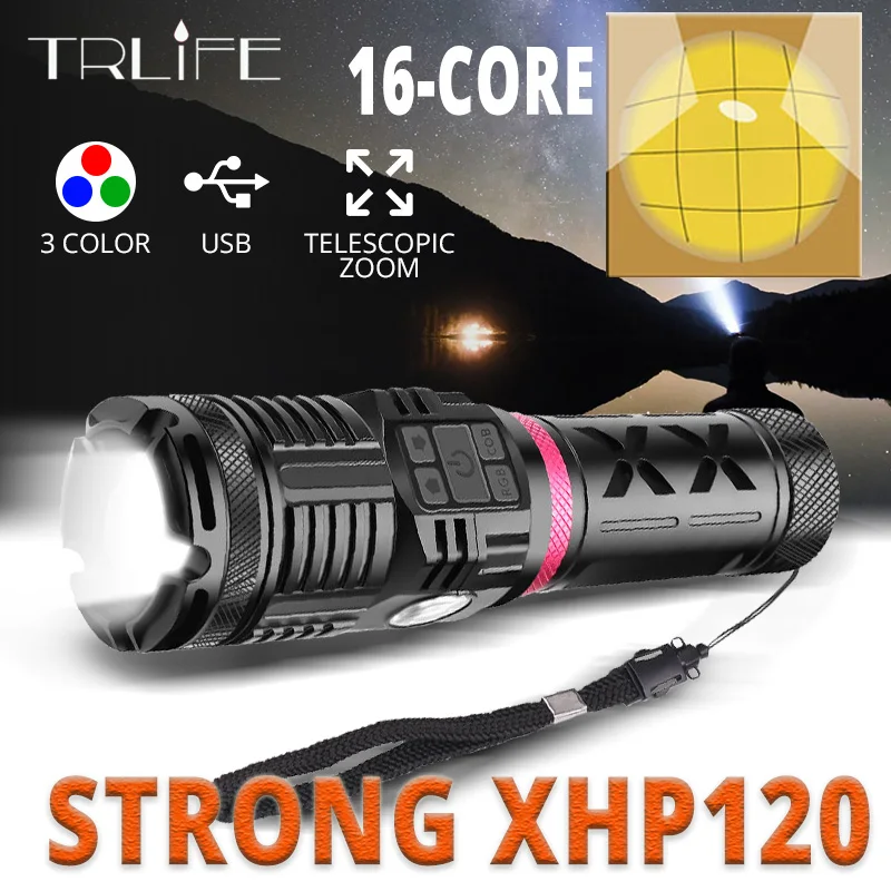 Online Torcia A LED XHP120 Ad Alta Potenza Perline A 16 Core LED Lanterna Da Caccia Con Zoom Ricaricabile USB Alluminio 18650 Torcia Verde Rosso Blu