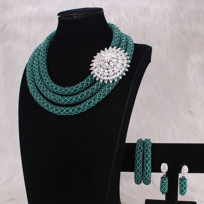 Dudo Bridal Jewelry Sets Wedding 3 Layers Teal Green African Necklace For Women With Bracelet and Earrings Nigerian Accessories