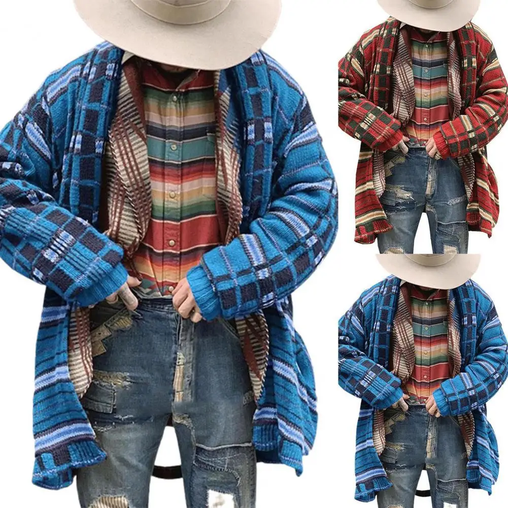 

Knitted Long Sleeve Men Cardigan Autumn Winter Open Front Plaid Printed Cardigan Sweater Outerwear Skin-friendly Vintage Coat