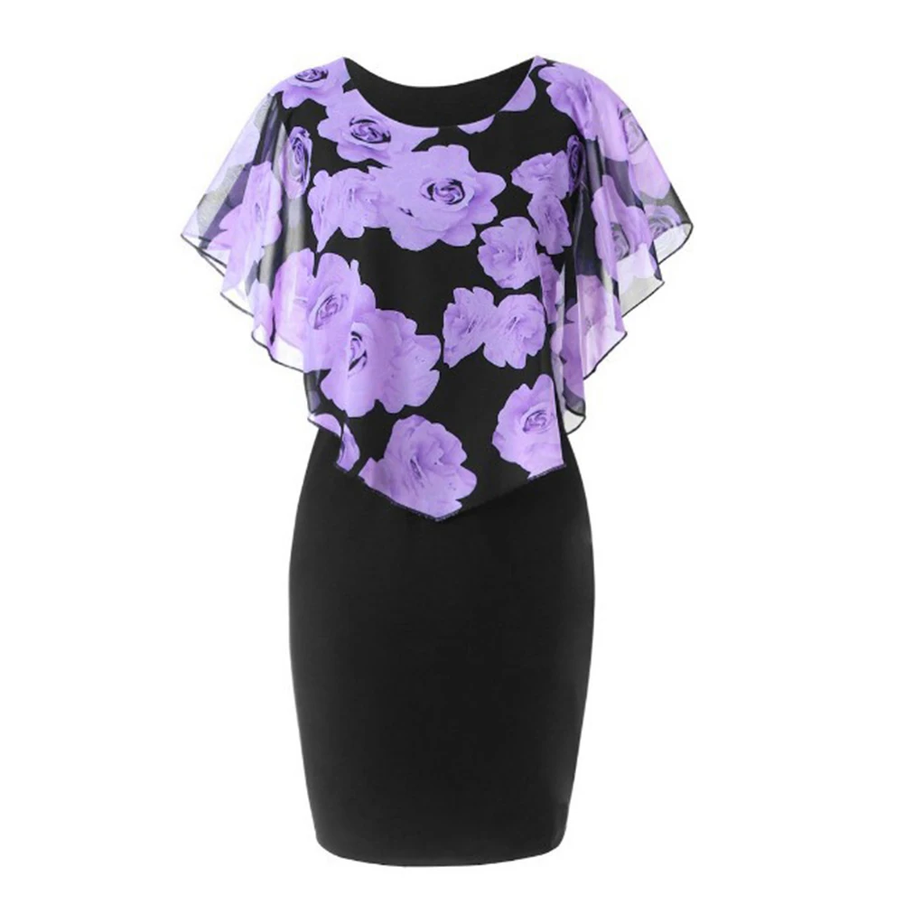 

Plus Size Womens Dress Elegant Office Lady Rose Flower Print Cape Bodycon Knee Length Dress