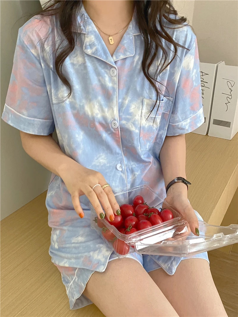 

Korean Summer Sweety Tracksuit Sweety Tie Dye Loose Shorts Sleeve Tops Elastic Waist Short Pajamas Suit Home Two Piece Suit