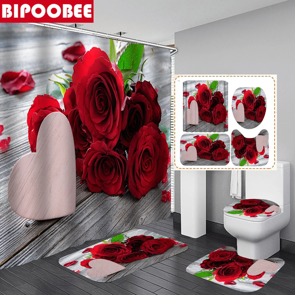 

Red Rose Flower Bath Mats Set Valentine's Day Fabric Shower Curtain Bathroom Curtains for Home Decor Non-Slip Rug Toilet Cover