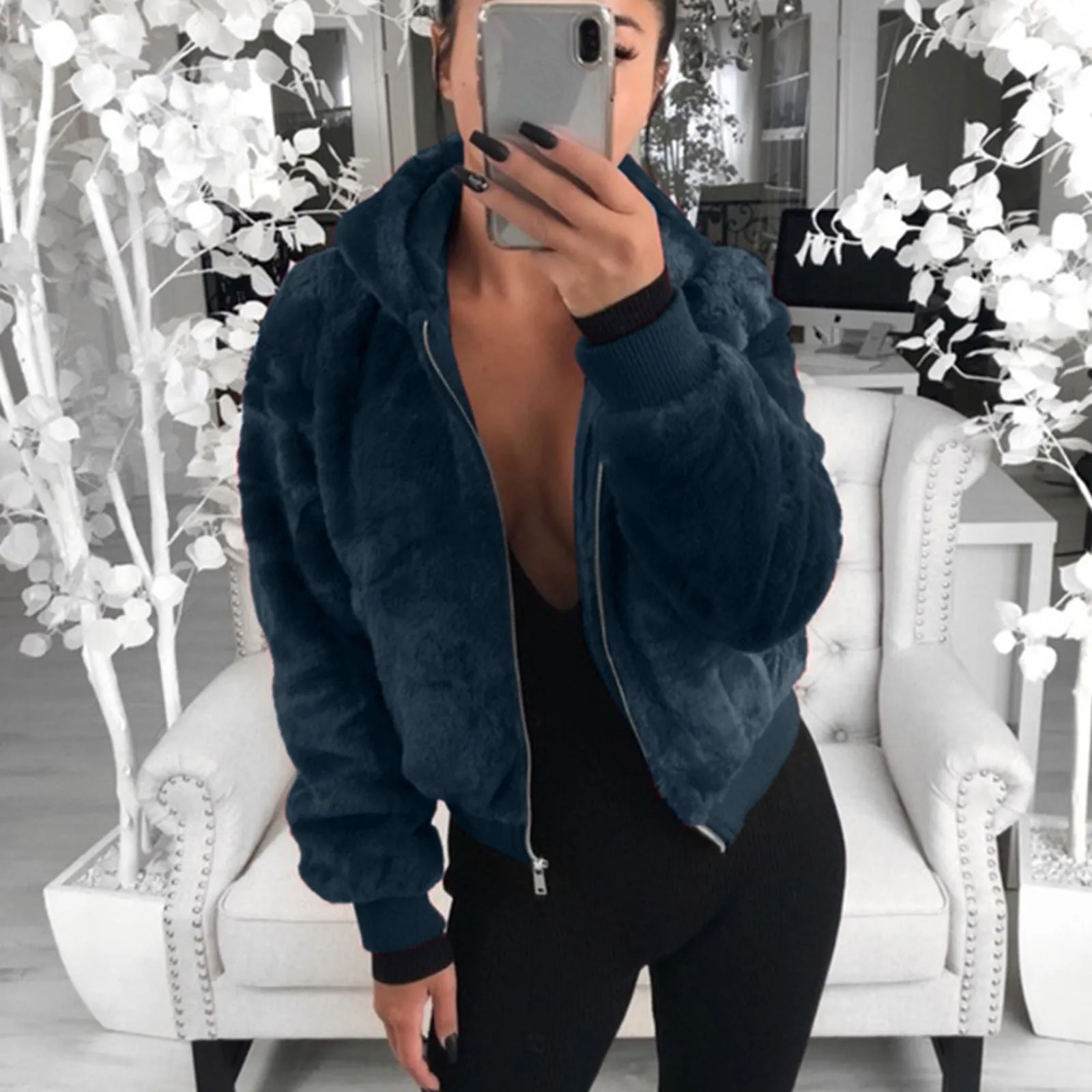 Women's Casual Faux Fur Hoodie Coat Autumn Winter Warm Solid Jacket Outwear 2021 Fashion Female Pockets Zipper Jacket Tops