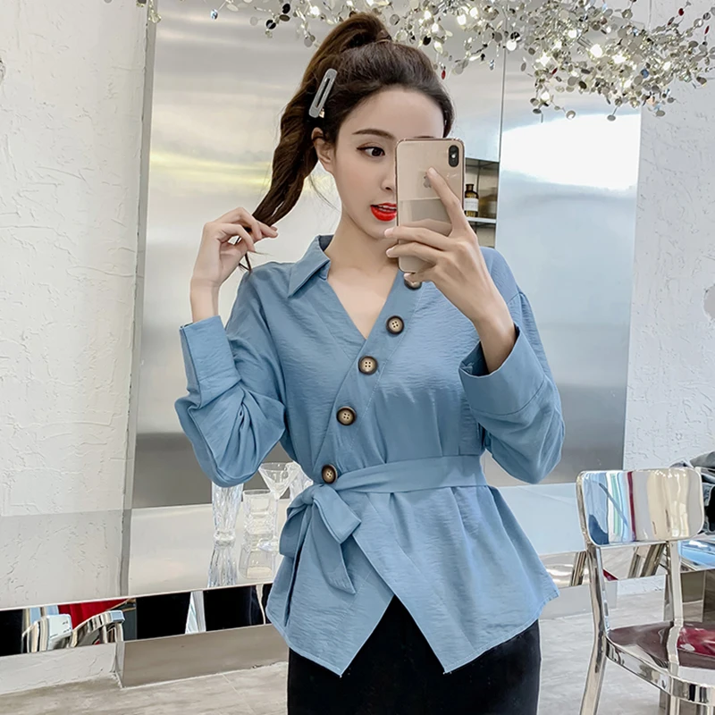 Повседневные свободные женские рубашки 2019 осенняя модная блузка с воротником