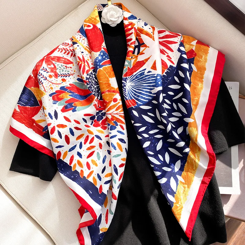 

2023 Women Brand Designer Scarf Fashion Oil Painting Aztec Silk Scarves Square Small Handkerchief Neck Snood Bag Hijab 90*90Cm