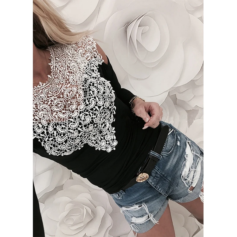 Многоцветный Sweet Lace T-Shirt Women Off The Shoulder Pink Slim Fit Tees Ladies O-Neck Autumn Casual Elegant Tops T-Shirts Women Clothes - Цвет: Многоцветный