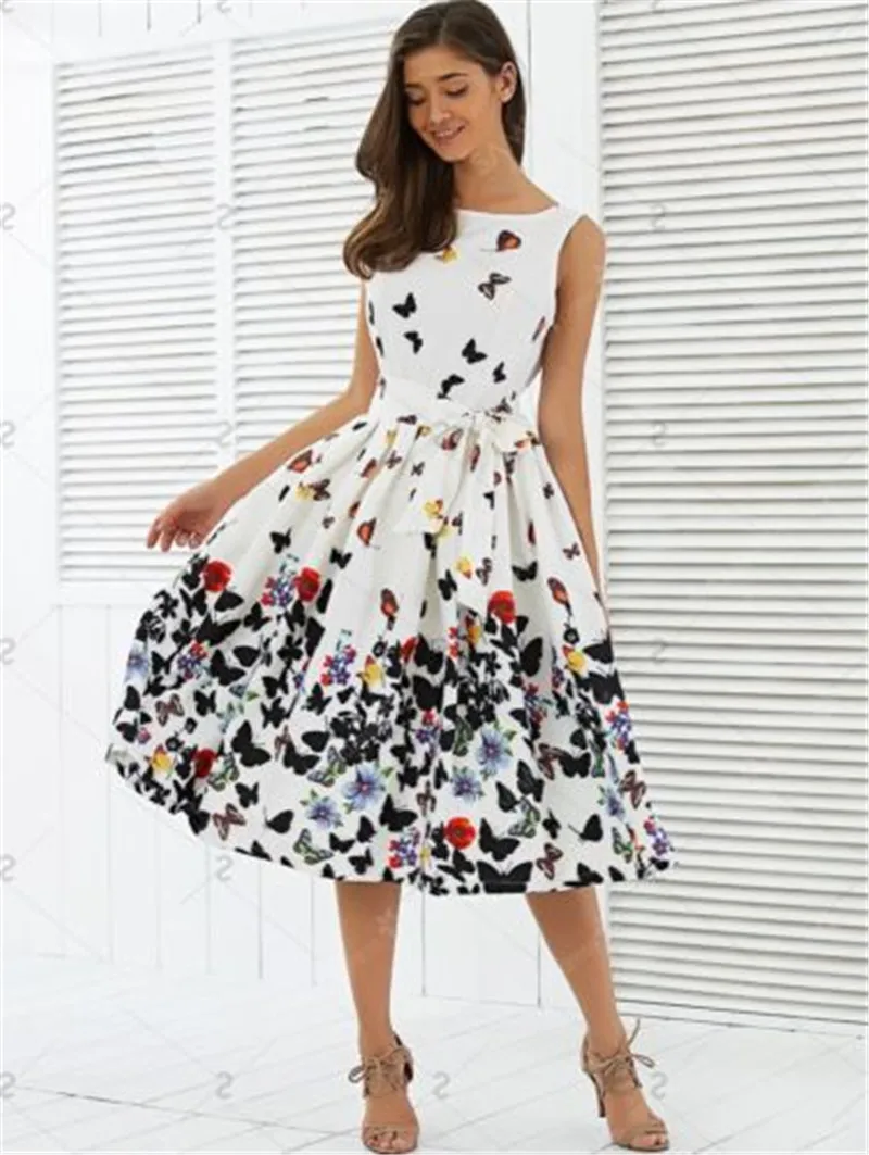 

New 2019 Women Fashion Butterfly Floral Vintage Pleat Swing Dresses Summer Sleeveless Zipper Sashes Dress Retro Party Dresses