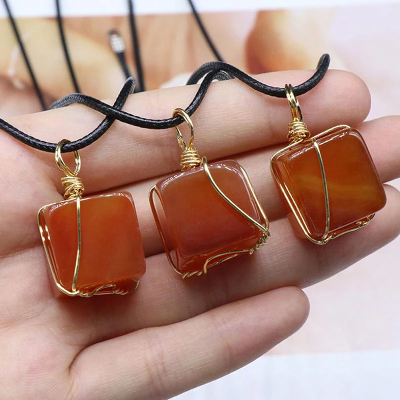 

Natural Raw Stone Square Red Agate Pendant Crystal Quartz Copper Wire Necklace