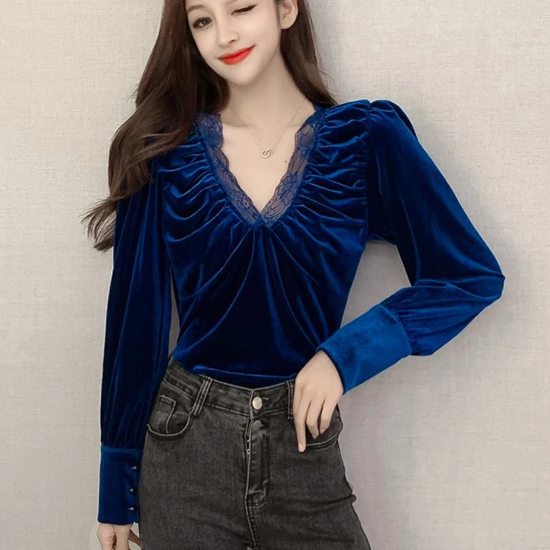 Блузка с V-образным вырезом кружевом и длинным рукавом | Женская одежда