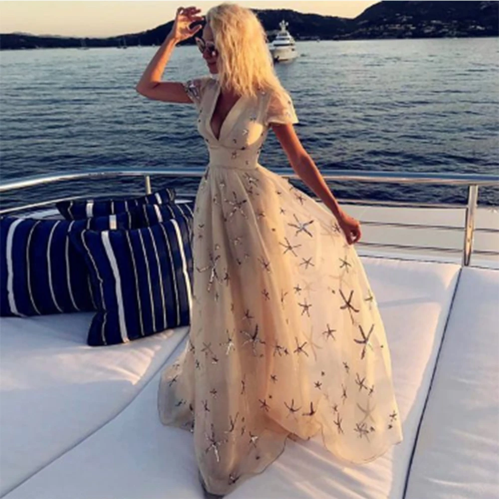 Женское Сетчатое платье абрикосового цвета длинное пляжное с глубоким V-образным