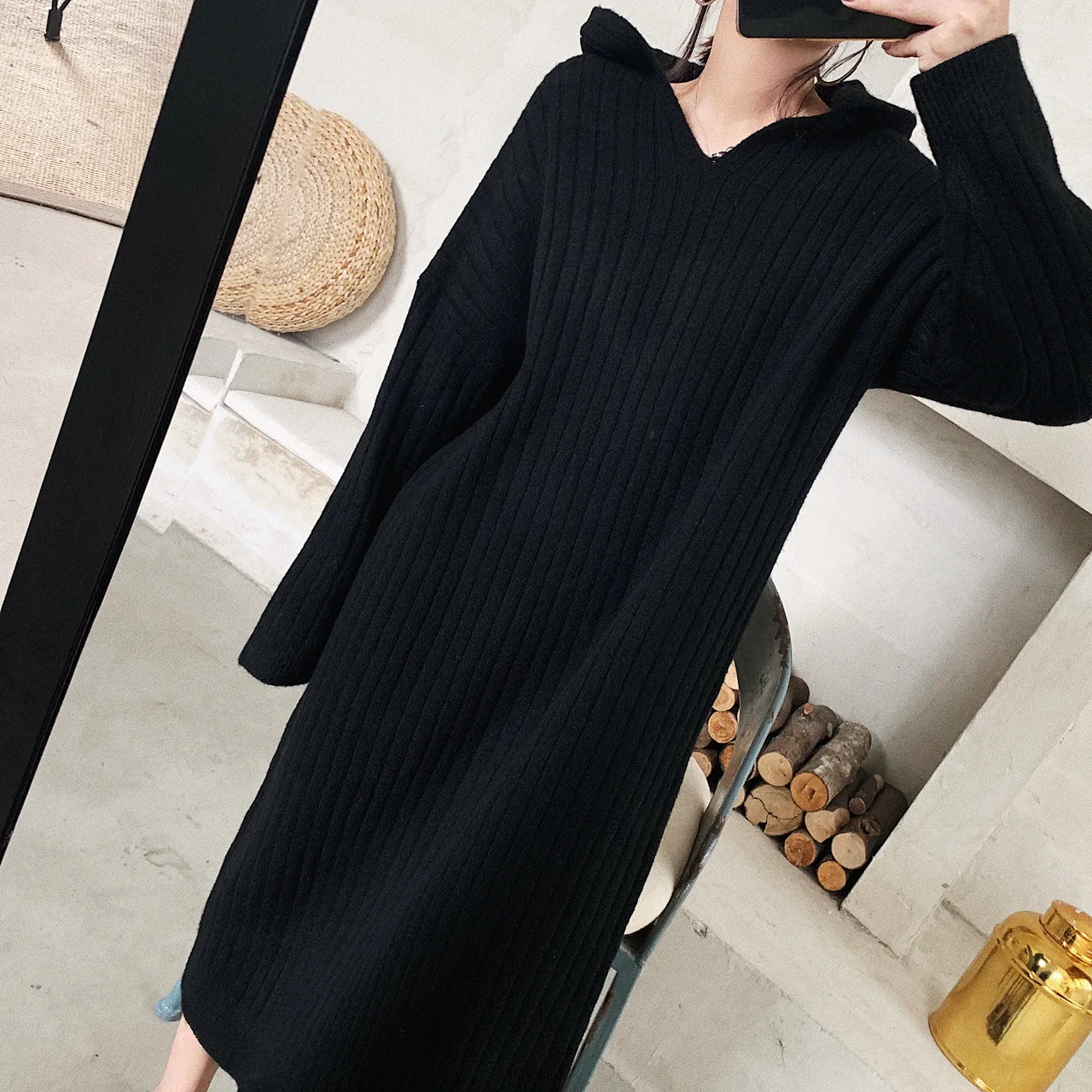 Зимнее корейское вязаное платье выше колена с капюшоном новинка 2020 свободная