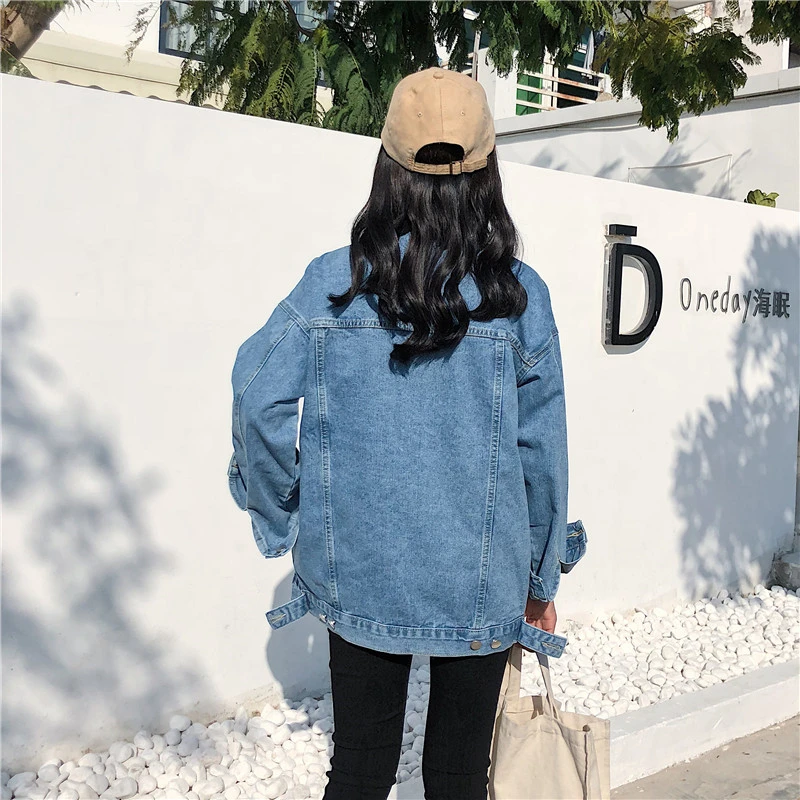 

Luck A Solid Turn-down Collar Jean Jacket for Women Loose Casual Blue Fashionable Women Coats Female outwear Denim Feminine