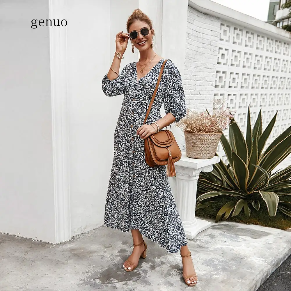 

Женское платье с цветочным принтом, длинное богемное платье с V-образным вырезом, для отдыха и пляжа, весна-лето, 2020