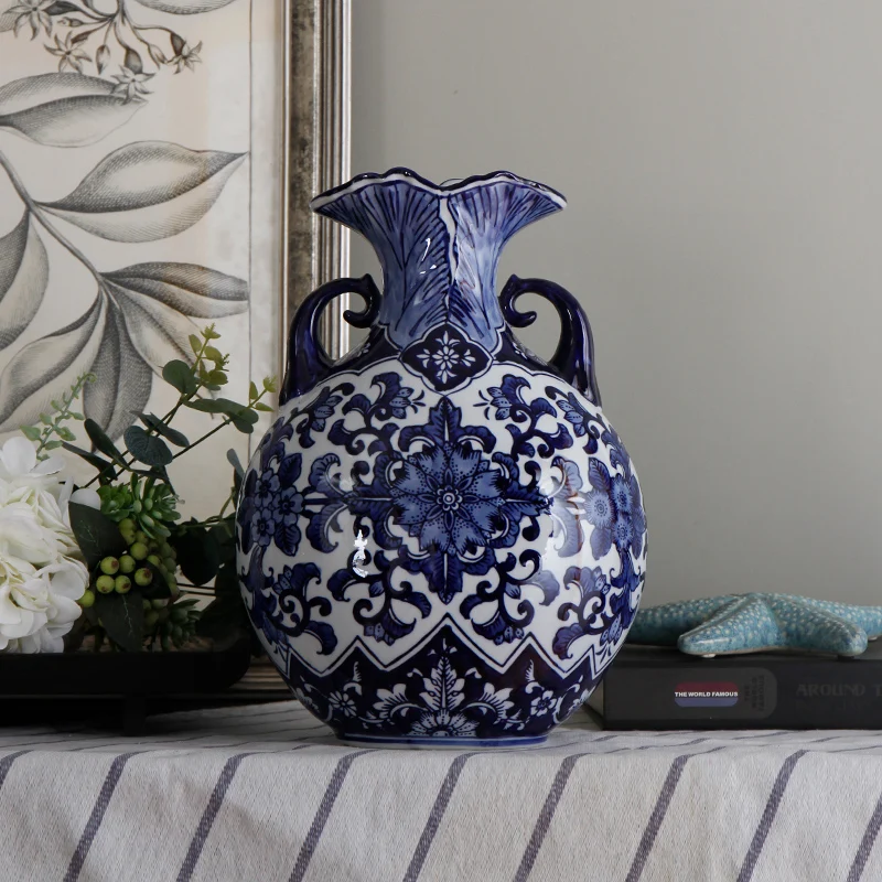 

Chinese Vintage Ceramic Vase Blue Flower Geometric Flower Arrangement Vase Living Room Office Furnishings Modern Home Decoration