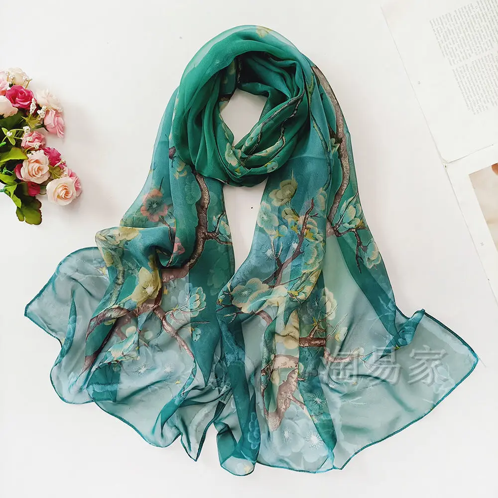 

Pastoral style printed long women's silk scarf decorated with wild summer outings, sun shade, beach towel shawld room shawl