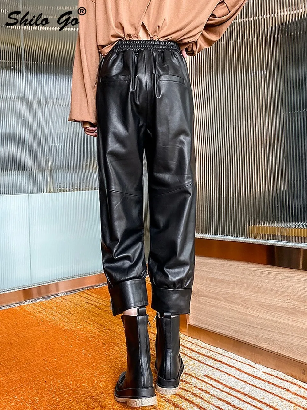 

Elastic Waist Black Harem Pants Womens Winter High Street Black Genuine Leather Pants Casual Plus Size Sheepskin Trousers Female